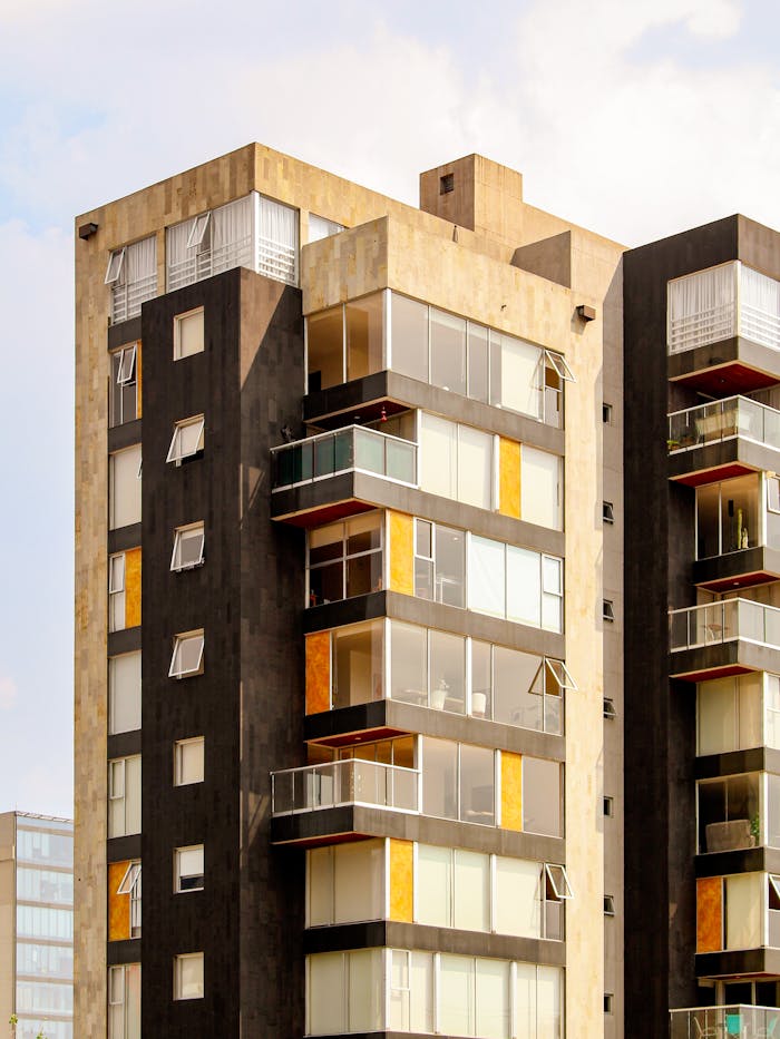 A contemporary apartment building with a unique facade in Puebla, Mexico.